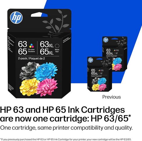 HP الأصلي 63/65XL أسود عالي الإنتاجية + 63/65 ثلاثي الألوان| يعمل على DeskJet 1110، 2100، 2600، 3600، 3700، Envy 4500، 5010، 5050، 5070، OfficeJet 3800، 4600، 5200 Series (B87FDAN) in Kuwait