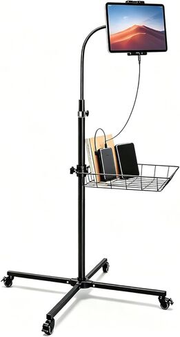 wishacc Rolling Tablet Floor Stand with Industrial Wheels & Storage Basket, Adjustable Height Gooseneck Tablet Stand Floor Holder for iPad Pro 12.9, Air, Mini, Cell Phones (Large) in Kuwait