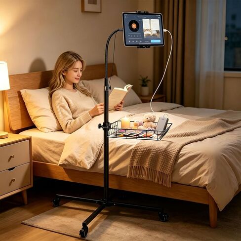wishacc Rolling Tablet Floor Stand with Industrial Wheels & Storage Basket, Adjustable Height Gooseneck Tablet Stand Floor Holder for iPad Pro 12.9, Air, Mini, Cell Phones (Large) in Kuwait