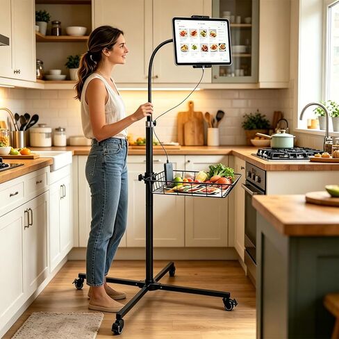 wishacc Rolling Tablet Floor Stand with Industrial Wheels & Storage Basket, Adjustable Height Gooseneck Tablet Stand Floor Holder for iPad Pro 12.9, Air, Mini, Cell Phones (Large) in Kuwait