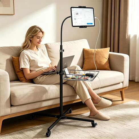 wishacc Rolling Tablet Floor Stand with Industrial Wheels & Storage Basket, Adjustable Height Gooseneck Tablet Stand Floor Holder for iPad Pro 12.9, Air, Mini, Cell Phones (Large) in Kuwait