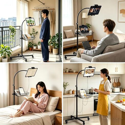 wishacc Rolling Tablet Floor Stand with Industrial Wheels & Storage Basket, Adjustable Height Gooseneck Tablet Stand Floor Holder for iPad Pro 12.9, Air, Mini, Cell Phones (Large) in Kuwait
