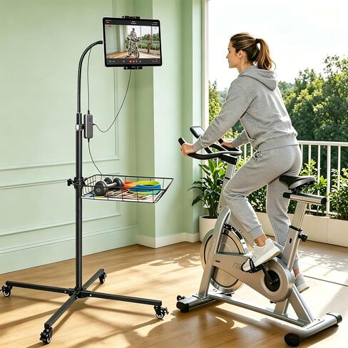 wishacc Rolling Tablet Floor Stand with Industrial Wheels & Storage Basket, Adjustable Height Gooseneck Tablet Stand Floor Holder for iPad Pro 12.9, Air, Mini, Cell Phones (Large) in Kuwait