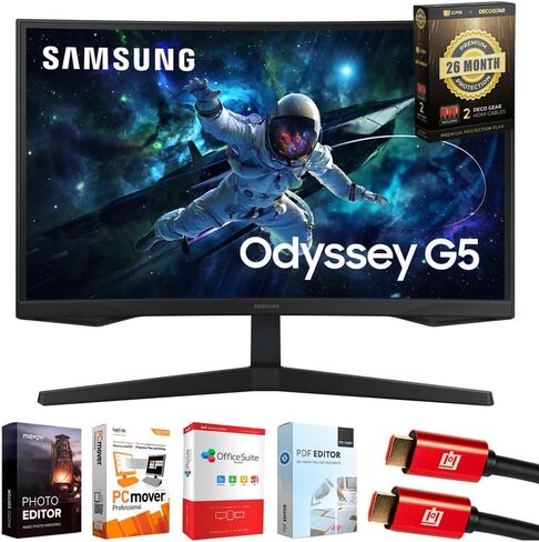 حزمة شاشة الألعاب المنحنية Samsung Odyssey G55C مقاس 27 بوصة QHD 1000R مع Tech Smart USA Elite Suite 18، وكابل HDMI 2X 4K وحزمة حماية حصرية لمدة 26 شهرًا من Deco Gear CPS (BEACH-CPS-26M500) in Kuwait