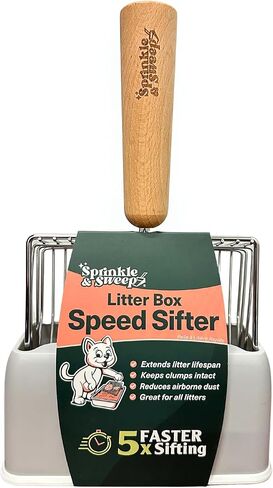 Sprinkle & Sweep Metal Cat Litter Scoop - Heavy Duty Litter Scooper & Speed Sifter with Comfortable Beech Wood Grip - Washable Convenient Stand for Easy and Efficient Cleaning in Saudi Arabia