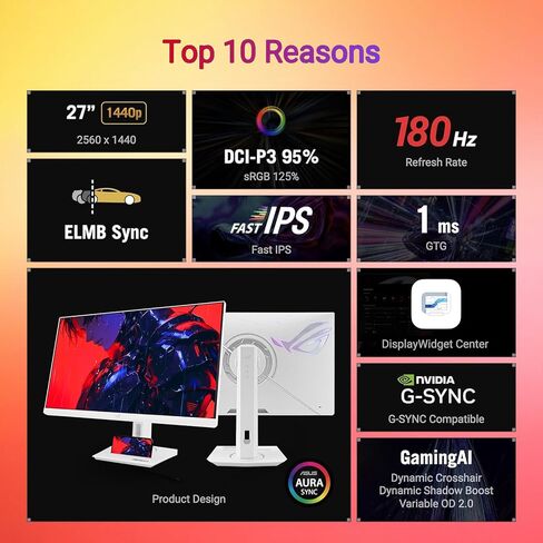ASUS ROG Strix 27" 1440P Gaming Monitor, QHD 2560 x 1440 Fast IPS, 180Hz, 1ms GTG, DCI-P3 95%, HDR400, Extreme Low Motion Blur Sync, G-SYNC, USB-C Connectivity, Tripod Socket, Adjustable Stand in Saudi Arabia