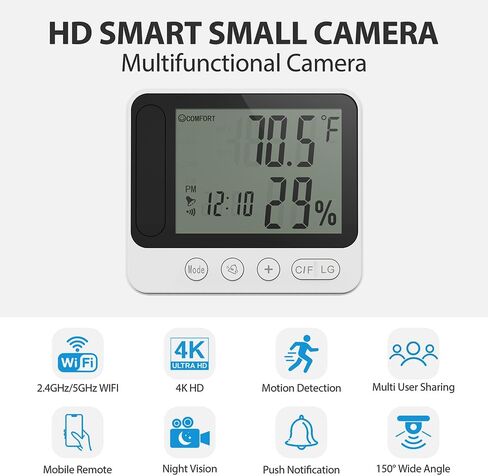 MINI-WiFi -Wireless-Secruity-Camera,4K Real Full HD Nanny Cam with Hygrometer Thermometer Clock,Night Vision&Motion Detection Alerts.Mobile Phone APP Control,Support 2.4G &5G for Home Office in Kuwait