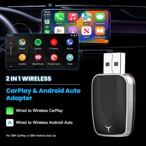 محول Carplay اللاسلكي وAndroid Auto، اتصال تلقائي سريع، التوصيل والتشغيل، بدون زمن الوصول، 2025 Mini Car Play Dongle لهواتف iPhone 6+ وAndroid 11+، مناسب للسيارات من 2016، USB A/C in Kuwait