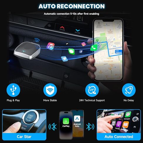محول Carplay اللاسلكي وAndroid Auto، اتصال تلقائي سريع، التوصيل والتشغيل، بدون زمن الوصول، 2025 Mini Car Play Dongle لهواتف iPhone 6+ وAndroid 11+، مناسب للسيارات من 2016، USB A/C in Kuwait