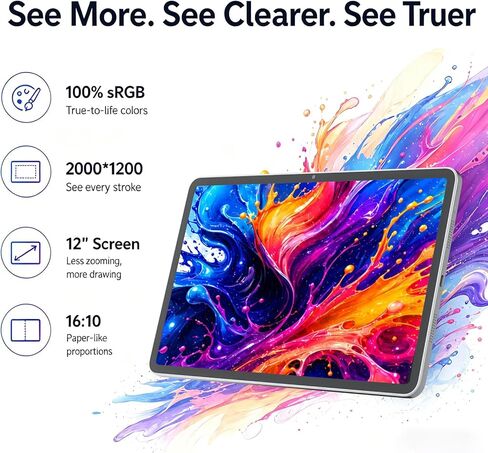 12-Inch Standalone Drawing Tablet No Computer Needed: 4096-Level Stylus Digital Art Tablet with Anti-Glare Screen, 16GB RAM, 256GB Storage, 8000mAh, Android 15 – for Beginners, Artists, Students in Saudi Arabia