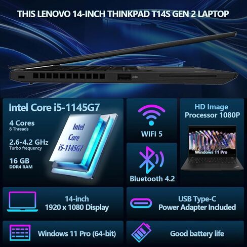 Lenovo Thinkpad T14S Gen 2 Business Laptop, Windows 11 Pro, 14" FHD (1920 x 1080) Touchscreen, Intel Core i5-1145G7, 512GB SSD, 16GB RAM, Webcam (Renewed) in Kuwait