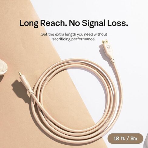 ذراع شاشة مزدوجة Pixio PS1D Wave باللون البيج مع كابل HDMI 2.1 بيج معتمد للغاية وسرعة عالية 10FT 8K 60 هرتز 4K 120 هرتز مضفر من النايلون in Kuwait