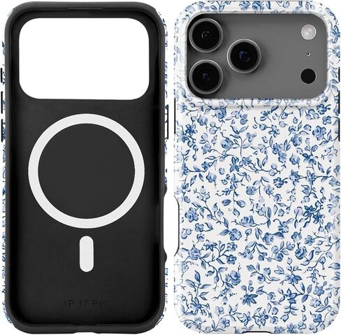 Compatible with iPhone 17 Pro Case [Compatible with MagSafe] -[8 ft Drop Protection] 2 in 1 Shockproof Protective Slim Soft TPU Cover Phone Case 6.3" (Blue Floral, iPhone 17 Pro 6.3") in Kuwait