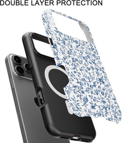 Compatible with iPhone 17 Pro Case [Compatible with MagSafe] -[8 ft Drop Protection] 2 in 1 Shockproof Protective Slim Soft TPU Cover Phone Case 6.3" (Blue Floral, iPhone 17 Pro 6.3") in Kuwait
