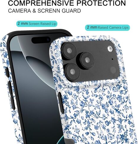 Compatible with iPhone 17 Pro Case [Compatible with MagSafe] -[8 ft Drop Protection] 2 in 1 Shockproof Protective Slim Soft TPU Cover Phone Case 6.3" (Blue Floral, iPhone 17 Pro 6.3") in Kuwait