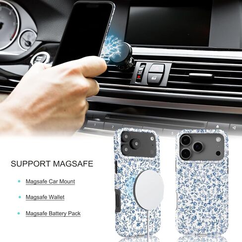 Compatible with iPhone 17 Pro Case [Compatible with MagSafe] -[8 ft Drop Protection] 2 in 1 Shockproof Protective Slim Soft TPU Cover Phone Case 6.3" (Blue Floral, iPhone 17 Pro 6.3") in Kuwait