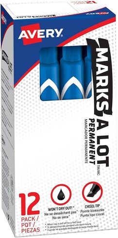 أقلام تحديد دائمة AVERY Marks-A-Lot، حجم كبير على شكل مكتب، طرف إزميل، مقاوم للماء والتآكل، 12 قلم تحديد أزرق (08886) in Kuwait