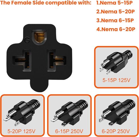 12AWG 15 أمبير قابس تيار متردد منزلي إلى 20 أمبير T كبل محول الشفرة، NEMA 5-15P إلى 5-15R/ 5-20R/ 6-15R/ 6-20R، محول تيار متردد 4 في 1، 15A 125V إلى 20A 250V كابل تمديد، 1FT in Kuwait