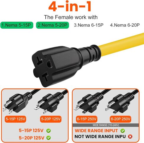 12AWG 15 أمبير قابس تيار متردد منزلي إلى 20 أمبير T كبل محول الشفرة، NEMA 5-15P إلى 5-15R/ 5-20R/ 6-15R/ 6-20R، محول تيار متردد 4 في 1، 15A 125V إلى 20A 250V كابل تمديد، 1FT in Kuwait
