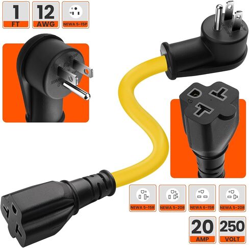 12AWG 15 أمبير قابس تيار متردد منزلي إلى 20 أمبير T كبل محول الشفرة، NEMA 5-15P إلى 5-15R/ 5-20R/ 6-15R/ 6-20R، محول تيار متردد 4 في 1، 15A 125V إلى 20A 250V كابل تمديد، 1FT in Kuwait