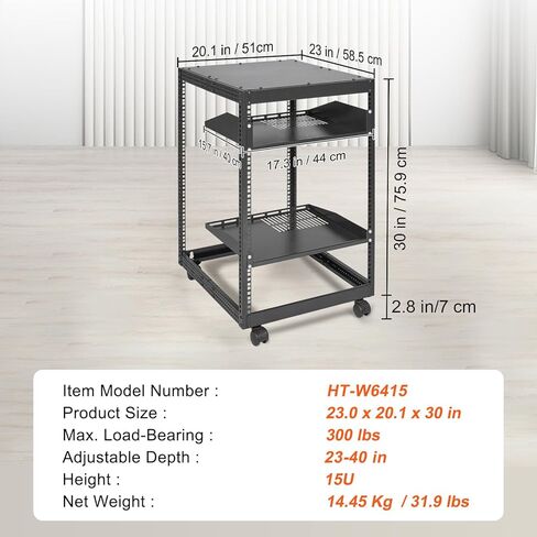 15U Open Frame Server Rack, 23''-40'' Adjustable Depth, Free Standing or Wall Mount Network Server Rack, 4 Post AV Rack with Casters, Holds All Your Networking IT Equipment AV Gear Router Modem in Kuwait