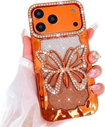 Bonoma Glitter Case for iPhone 17 Pro Max Cute 3D Diamond Butterfly Gradient Plating Pattern Case,Luxury Rhinestone Camera Protection, Sparkly Slim Soft Back Cover for Women Girls,Orange in Saudi Arabia
