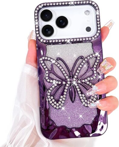 Bonoma Glitter Case for iPhone 17 Pro Max Cute 3D Diamond Butterfly Gradient Plating Pattern Case,Luxury Rhinestone Camera Protection, Sparkly Slim Soft Back Cover for Women Girls,Orange in Saudi Arabia