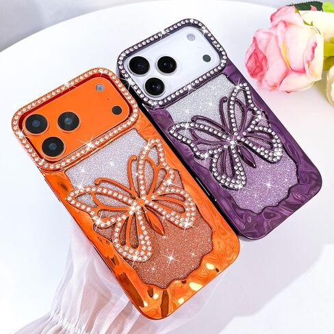 Bonoma Glitter Case for iPhone 17 Pro Max Cute 3D Diamond Butterfly Gradient Plating Pattern Case,Luxury Rhinestone Camera Protection, Sparkly Slim Soft Back Cover for Women Girls,Orange in Saudi Arabia
