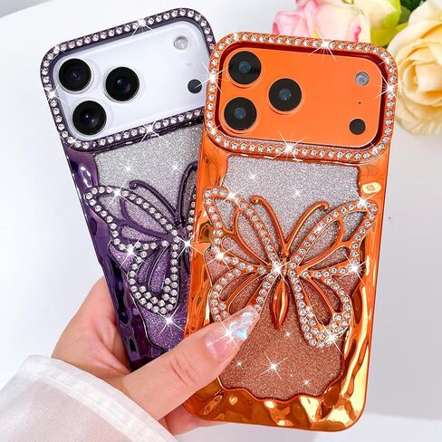 Bonoma Glitter Case for iPhone 17 Pro Max Cute 3D Diamond Butterfly Gradient Plating Pattern Case,Luxury Rhinestone Camera Protection, Sparkly Slim Soft Back Cover for Women Girls,Orange in Saudi Arabia