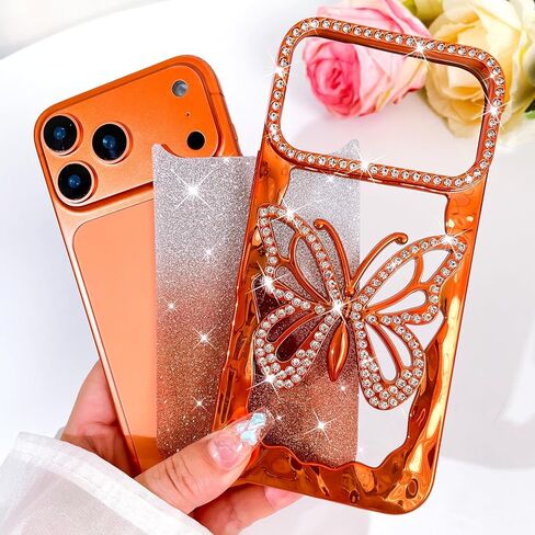 Bonoma Glitter Case for iPhone 17 Pro Max Cute 3D Diamond Butterfly Gradient Plating Pattern Case,Luxury Rhinestone Camera Protection, Sparkly Slim Soft Back Cover for Women Girls,Orange in Saudi Arabia