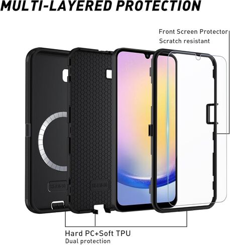 for Samsung Galaxy A17 Case [Compatible with MagSafe][Shockproof][Dropproof][Dust-Proof][with Screen Protector] Heavy Duty 3-Layer Protection Phone Case Cover, Black in Kuwait