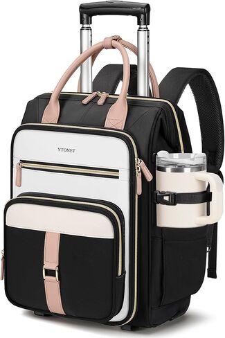 Ytonet Rolling Backpack for Women, 15.6 Inch Travel Backpack with Wheels, Stylish Rolling Laptop Bag with Passport Holder, Dual-Opening Design, Underseat Carry on Luggage for Work College Teacher in Kuwait
