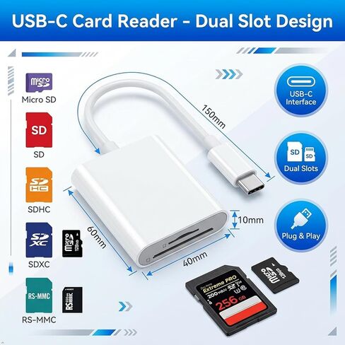 قارئ بطاقة SD USB-C، فتحة مزدوجة لبطاقات SD وMicroSD، محول بطاقة الذاكرة من النوع C، التوصيل والتشغيل، متوافق مع iPhone 15/16/17 وiPad والكمبيوتر المحمول in Kuwait