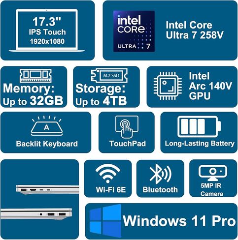 HP OmniBook 7 Laptop 17.3" FHD Touch (400nits 100% sRGB) Intel 8-core Ultra 7 258V (Up to 47 AI Tops) 32GB RAM 2TB SSD Backlit Thunderbolt for Creator Designer Business Professional Win11Pro ICP Hub in Kuwait