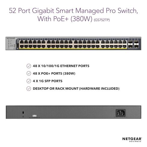 NETGEAR 52-Port Gigabit Ethernet Smart Managed Pro PoE Switch (GS752TP) - with 48 x PoE+ @ 380W, 4 x 1G SFP, Desktop/Rackmount, and ProSAFE Lifetime Protection (Renewed) in Kuwait