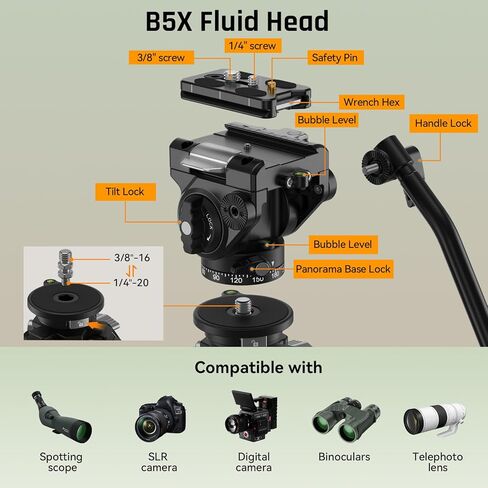 حامل ثلاثي من ألياف الكربون SP124+BX5 مع رأس وعاء سائل، حامل ثلاثي للسفر مقاس 62.2 بوصة مع عمود مركزي، محول مجهر، للمناظير ونطاقات الإكتشاف والكاميرات، أقصى حمل 26 رطل in Kuwait