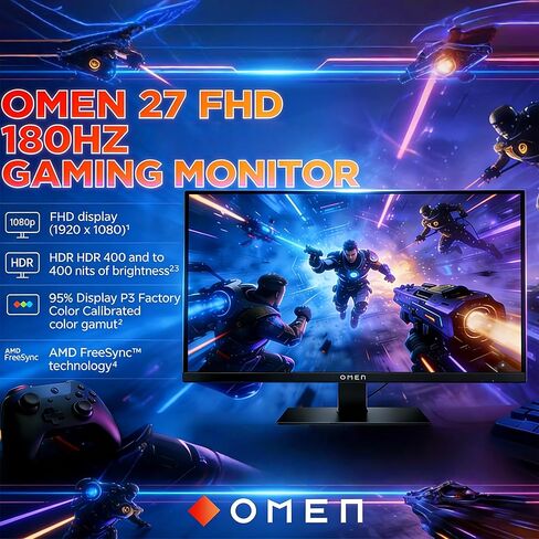 شاشة HP OMEN مقاس 27 بوصة FHD (1920 × 1080) للألعاب، معدل تحديث 180 هرتز، وقت استجابة 1 مللي ثانية، لعب فائق السلاسة، تقنية AMD FreeSync، شاشة IPS مريحة للعين، ضوء أزرق منخفض، OMEN 27 G2 in Kuwait