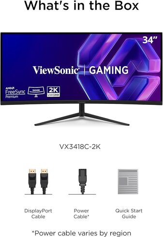شاشة الألعاب المنحنية ViewSonic VX3418C-2K مقاس 34 بوصة فائقة الدقة QHD 1440 بكسل مع 180 هرتز، 1 مللي ثانية، 21:9، بيئة عمل متقدمة، FreeSync Premium، HDR10، HDMI، ومدخل DisplayPort (متجدد) in Kuwait