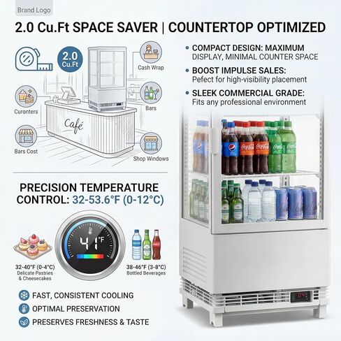 Idealhouse 2.0 cu.ft. ثلاجة عرض مخبز كونترتوب مع إضاءة LED ، الباب الخلفي ، تبريد الهواء ، وإزالة الأوتاد التلقائي للمقاهي والمطاعم ، الأبيض in Kuwait