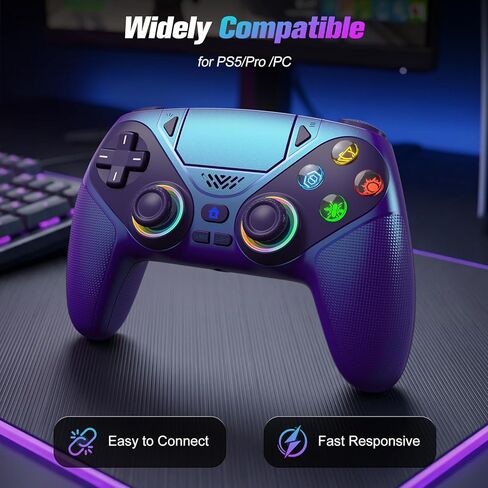 وحدة تحكم لاسلكية Dinosoo RGB لجهاز PS5/PC - لوحة ألعاب بلوتوث مع Turbo وMacro واهتزاز مزدوج وحركة 6 محاور ومقبس صوت 3.5 مم وبطارية 1000 مللي أمبير في الساعة in Kuwait