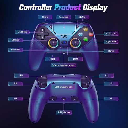 وحدة تحكم لاسلكية Dinosoo RGB لجهاز PS5/PC - لوحة ألعاب بلوتوث مع Turbo وMacro واهتزاز مزدوج وحركة 6 محاور ومقبس صوت 3.5 مم وبطارية 1000 مللي أمبير في الساعة in Kuwait