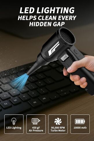 Instant Dust Removal — Finect Compressed Air Duster 90,000 RPM with 40mm Nozzle, LED Light, TFT Display, 9-Speed Adjustable Rechargeable Air Duster, 10,000mAh Battery, 5 Nozzles for Computer,blowers in Kuwait