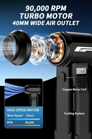 Instant Dust Removal — Finect Compressed Air Duster 90,000 RPM with 40mm Nozzle, LED Light, TFT Display, 9-Speed Adjustable Rechargeable Air Duster, 10,000mAh Battery, 5 Nozzles for Computer,blowers in Kuwait