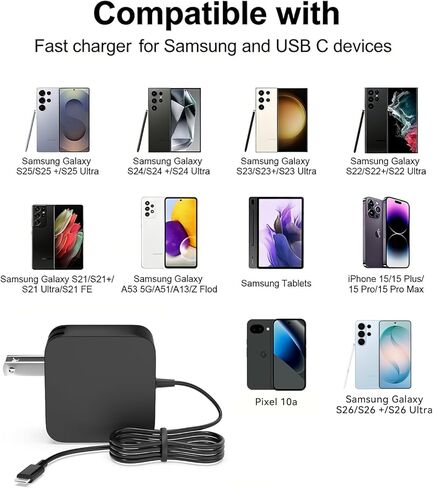 شاحن حائط USB-C فائق السرعة بقدرة 65 وات متوافق مع هواتف Samsung Galaxy S26 Ultra/S26+/S26 وZ Fold7/Flip7 S25 Ultra و45 وات لـ Google Pixel 10a 10 Pro XL Fold مع كابل USB C بطول 6 أقدام in Kuwait