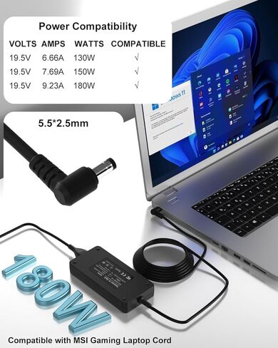 180W Laptop Charger Compatible with MSI Gaming Laptop Charger GF63 GF65 GF75 GS63 GS65 GS66 GF72 GF75 GP60 GS73 GS75 GS60 GS70 GS40 GF62 Compatible with MSI GF63 Thin Charger Power Supply in Kuwait