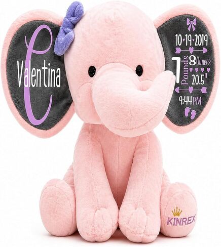Personalized Elephant Stuffed Animal - My First Birthday Custom Birth Stats Announcement Stuff Elephants Animals for Babies, Boy, Girl, Newborn, Customized Keepsake Plush Bear Gifts, Gray 9 Inches in Saudi Arabia