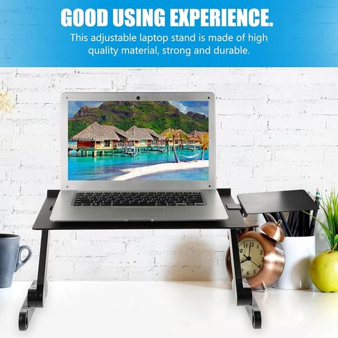 Homoyoyo Aluminum Adjustable Laptop Stand with Cooling Shelf and Foldable Desktop Elevating Holder for Bed and Office Use, Portable Multi-Functional Computer Rack with Mouse Pad, Black in Kuwait