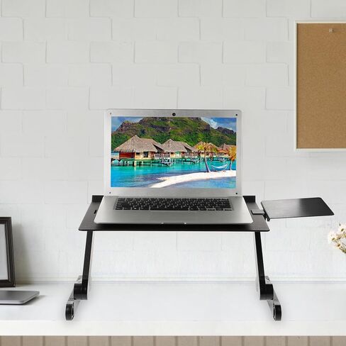 Homoyoyo Aluminum Adjustable Laptop Stand with Cooling Shelf and Foldable Desktop Elevating Holder for Bed and Office Use, Portable Multi-Functional Computer Rack with Mouse Pad, Black in Kuwait