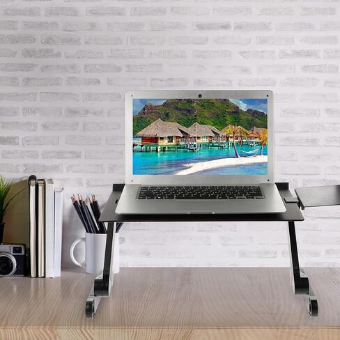 Homoyoyo Aluminum Adjustable Laptop Stand with Cooling Shelf and Foldable Desktop Elevating Holder for Bed and Office Use, Portable Multi-Functional Computer Rack with Mouse Pad, Black in Kuwait