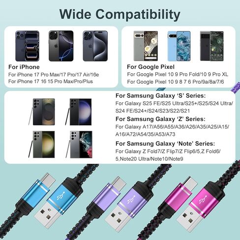 For iPhone 17 Pro Charger Cable 3FT [3-Pack] USB A to C Fast Charging Cord for iPhone 17 16 15 Pro Max 16e 16 Pro 15,Type C Nylon Braided Cord for Google Pixel 10 Pro XL10 Pro 9 Pro Fold 9a 8a 7 6 5 in Saudi Arabia